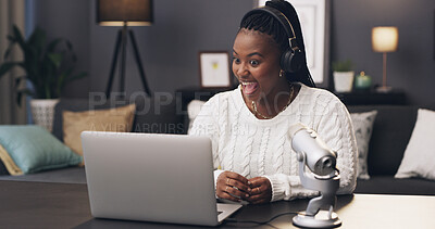 Buy stock photo Surprise, podcast and laptop with black woman in home for subscription goal, social media and brand endorsement. Content creation, microphone and broadcast editing with person in apartment for show