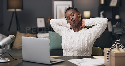 Buy stock photo Content creator, neck pain and black woman with laptop in home for stress, streaming deadline and pressure. Night, remote work and person with tension, muscle strain and fatigue for podcast career
