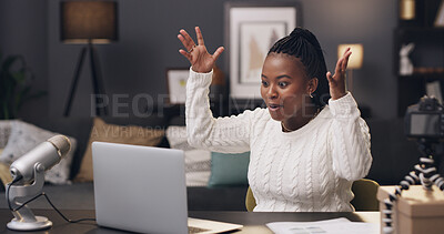 Buy stock photo Black woman, influencer and excited with laptop in home for viral content creation, good news or notification. African person, computer and surprise with social media growth, success or goal at house