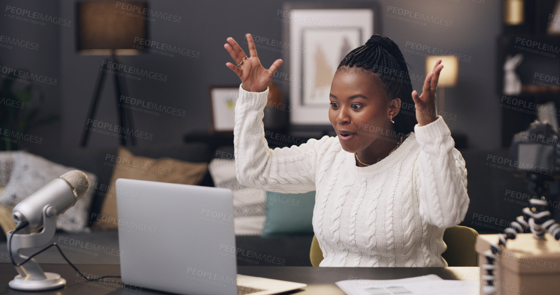 Buy stock photo Black woman, influencer and excited with laptop in home for viral content creation, good news or notification. African person, computer and surprise with social media growth, success or goal at house