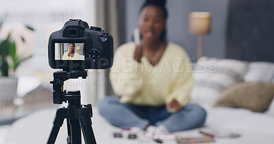 Buy stock photo Influencer, live streaming and woman with camera in home for product review, beauty tutorial and feedback. Content creator, social media and person in bedroom with cosmetics for testing on broadcast