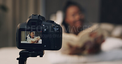 Buy stock photo Camera, influencer and screen with recording in bedroom for content creation, reading book or web show. African person, production and talk with social media audience, literature or video at house