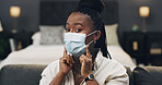 Portrait, tutorial and woman with mask, house and health demonstration for audience on social media. Influencer, live streaming and black person in bedroom, online and teaching  safety hack on vlog