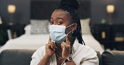 Buy stock photo Portrait, tutorial and woman with mask, house and health demonstration for audience on social media. Influencer, live streaming POV and black person in bedroom, online or teaching safety hack on vlog