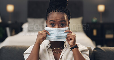 Buy stock photo Portrait, influencer or woman with mask, tutorial and health demonstration for audience on website. Vlogger, live streaming POV or black person in home, online or teaching safety hack on social media