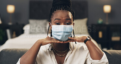 Buy stock photo Content creator, portrait and woman with mask, home and health demonstration for audience on website. Influencer, live streaming and black person in bedroom, online and teaching safety hack on vlog