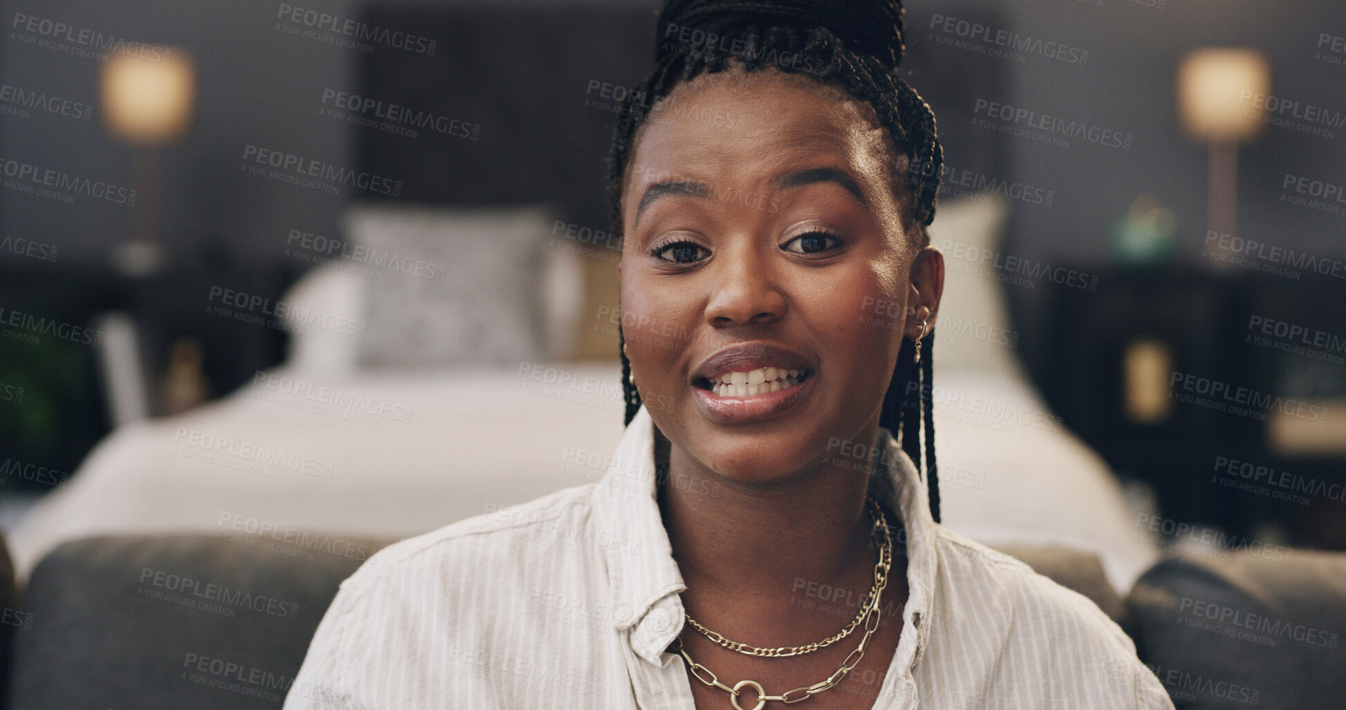 Buy stock photo Black woman, pov and influencer in home, talk and portrait with beauty tutorial, chat and post on web. African person, smile and discussion with audience, announcement or social media in Nigeria