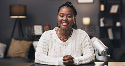 Buy stock photo Smile, podcast and portrait with black woman in home for live streamer, social media and brand endorsement. Content creation, microphone and broadcast editing with person in apartment for show