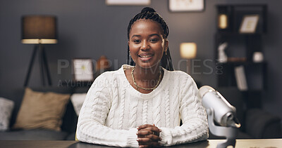 Buy stock photo Black woman, pov and influencer in home, smile and portrait with chat, mic and live streaming on web. African person, happy and presenter with podcast host, recording tech or social media in Nigeria