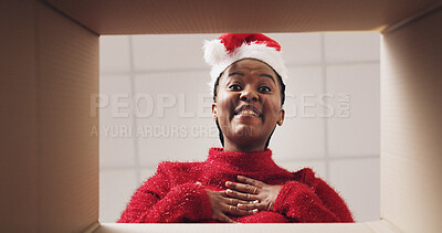 Buy stock photo Christmas, open and pov of woman with box and omg reaction for present, gift or package. Happy, below and portrait of African person with parcel for surprise, wow and shock for celebration or holiday