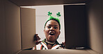 Surprise, open and pov of black woman with box for present, gift and package for St Patricks day. Decoration, below and portrait of happy person with parcel for shock, wow and excited for celebration