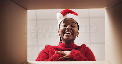 Buy stock photo Christmas, open and pov of happy woman with box and omg reaction for present, gift or package. Festive, below and portrait of person with parcel for surprise, wow and shock for celebration or holiday