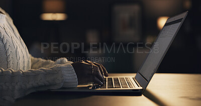 Buy stock photo Hands, laptop and typing for remote work from home, night and project management for deadline. Person, computer and virtual assistant with overtime, report or feedback with freelance job at apartment