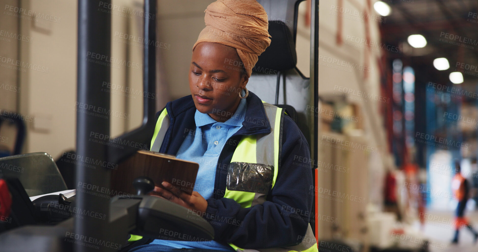 Buy stock photo Clipboard, forklift and black woman in warehouse for shipping, delivery schedule and inventory list. Factory, machine and person with paperwork for supply chain, distribution or logistics inspection