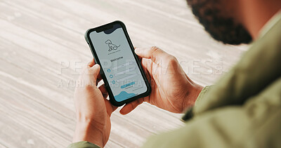 Buy stock photo Pet, sign up and man with phone screen, hands and application for insurance. Closeup, booking app and person with cellphone, animal care or customer experience with information, internet or verifying