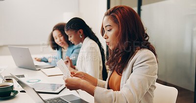 Buy stock photo Business documents, laptop and woman in boardroom with colleagues for planning or research. Computer, reading and report with corporate employee in office for review of data charts or paperwork