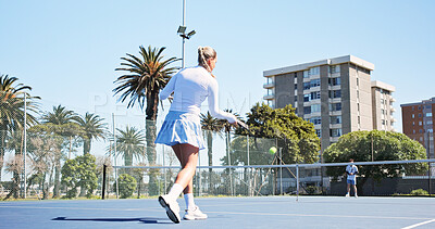 Buy stock photo Tennis court, ball or woman with racket for game, fitness training or sports workout for competition. Outdoor space, low angle or people play match for skill development, contest practice or exercise