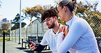 Conversation, phone and sports tracking with friends outdoor for fitness or skills development. App, exercise and  health tracker with people speaking on tennis court for mobile progress update