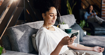 Buy stock photo Woman, relax and iv infusion with phone for communication, minerals and browsing website. Person, reading and mobile with injection drip for nutrition treatment, social media and article for wellness