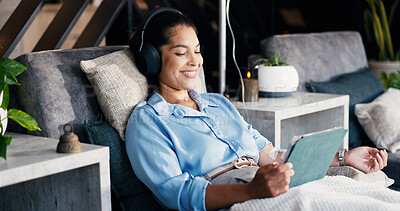 Buy stock photo Happy woman, tablet and headphones with IV drip for healthcare, infusion treatment and streaming video. Patient, tech and relax in medical lounge for immune booster, hydration therapy and social media