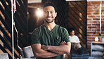 Portrait, happy man and infusion nurse with arms crossed in drip therapy lounge for healthcare. Smile, medical worker and person with confidence, IV technician and wellness professional with flare