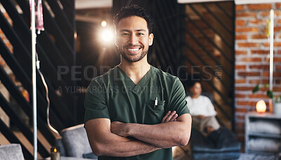 Buy stock photo Portrait, happy man and infusion nurse with arms crossed in drip therapy lounge for healthcare. Smile, medical worker and person with confidence, IV technician and wellness professional with flare