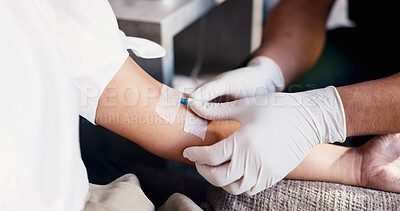 Buy stock photo Hands, professional or IV therapy in lounge with drip preparation, saline solution or immune health. People, nurse or patient with intravenous tube for vitamin c injection or detox at wellness center