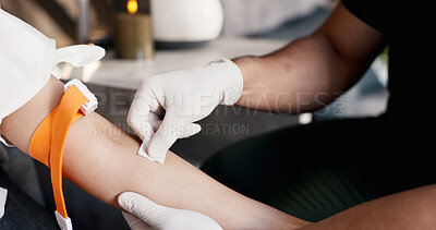 Buy stock photo Doctor, hands and patient with arm strap for IV drip, medical injection or needle prep in clinic. Closeup, nurse or cleaning with client, disinfection or bacteria for artery vein or immune booster
