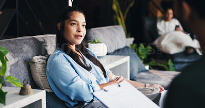 Buy stock photo Woman, health policy or regulations with clipboard for IV drip, healthcare nutrition or service. Female person, customer or client with nurse for vitamin checkup or immunity booster therapy in clinic