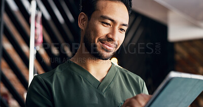 Buy stock photo Tablet, smile and nurse with man in iv bar for glutathione, vitamin checklist and planning. Patient dosage, drip formulation and health with person and tech in spa for treatment and medical report