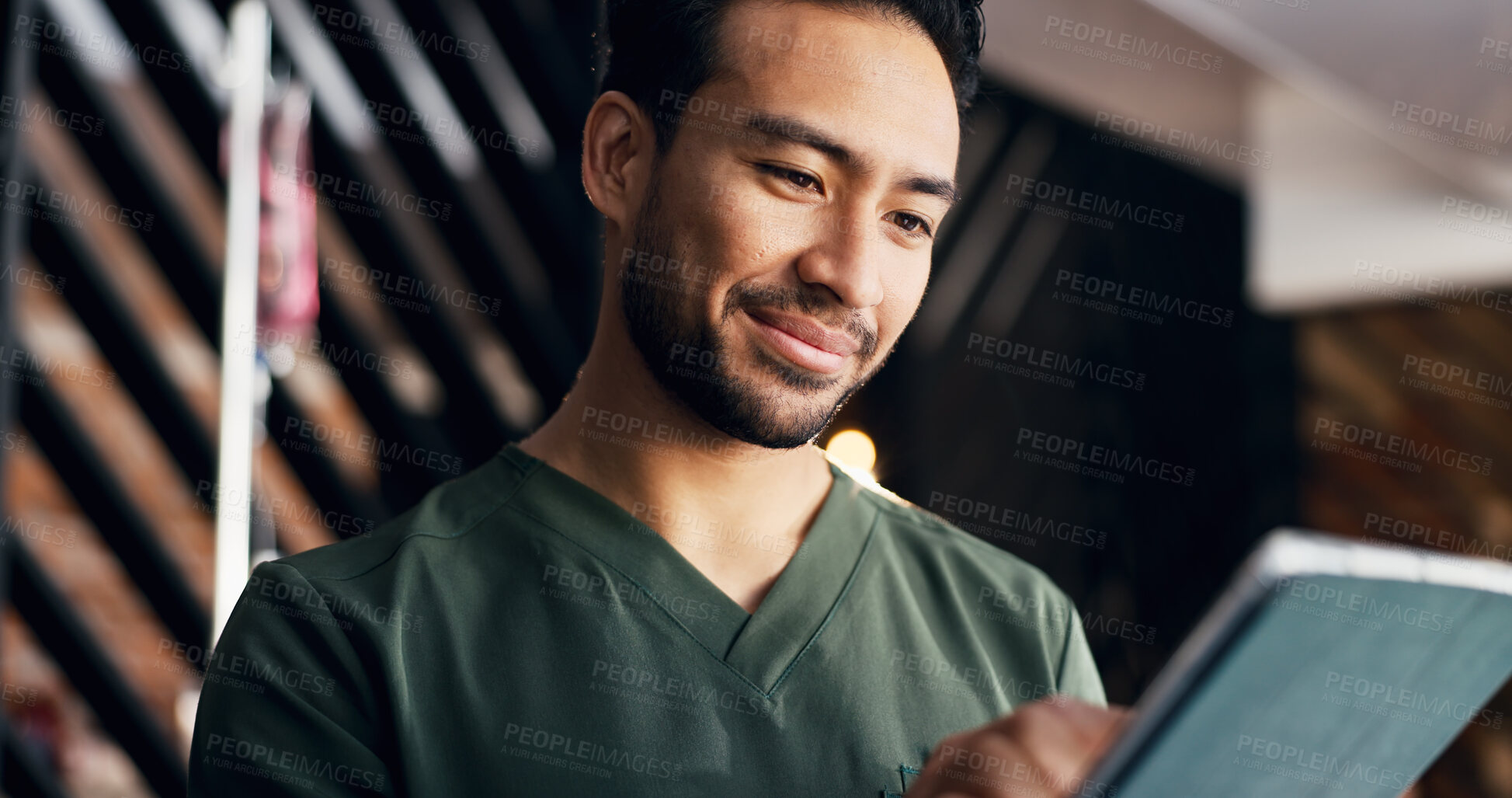 Buy stock photo Tablet, smile and nurse with man in iv bar for glutathione, vitamin checklist and planning. Patient dosage, drip formulation and health with person and tech in spa for treatment and medical report