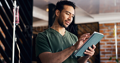 Buy stock photo Tablet, typing and nurse or man in iv bar for glutathione, vitamin checklist and planning. Patient dosage, drip formulation and health with person and tech in spa for treatment and medical report