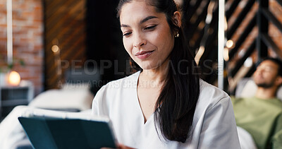 Buy stock photo Woman, nurse and checklist with tablet for IV drip, healthcare results or monitoring patient. Female person, health worker or doctor with techology for medical assessment, exam or test in clinic