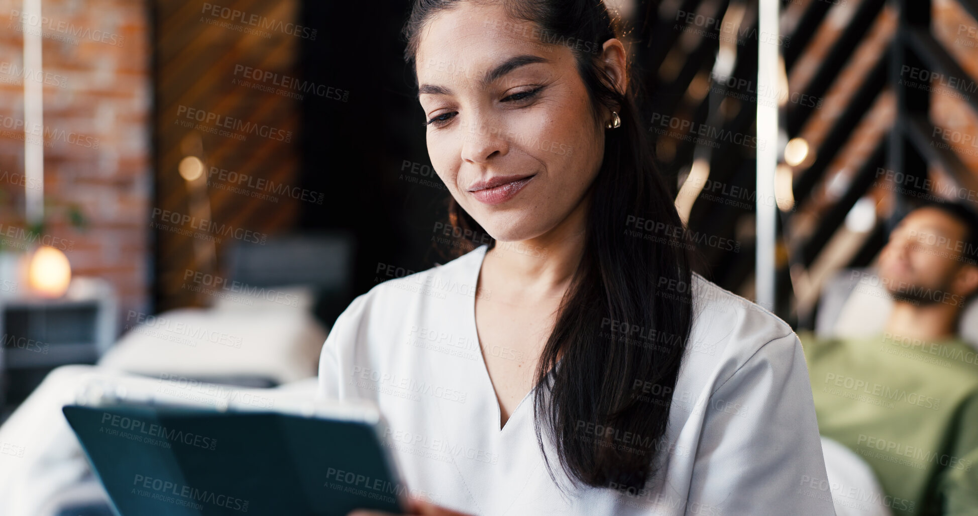 Buy stock photo Woman, nurse and checklist with tablet for IV drip, healthcare results or monitoring patient. Female person, health worker or doctor with techology for medical assessment, exam or test in clinic