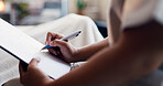 Person, hands and writing with medical form for healthcare policy, survey or treatment in clinic. Closeup, patient and filling application with clipboard in waiting room for health assessment or exam