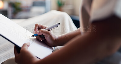 Buy stock photo Person, hands and writing with medical form for healthcare policy, survey or treatment in clinic. Closeup, patient and filling application with clipboard in waiting room for health assessment or exam