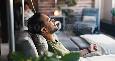 Buy stock photo Man, sleep and iv drip in clinic for healthcare, iron infusion and immune booster on couch. Male patient, rest or intravenous solution in medical lounge for treatment, hydration therapy or body detox