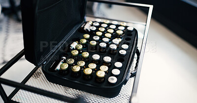 Buy stock photo Medical, iv therapy and vial in case with fluid, vitamin sample or medicine supply in wellness clinic. Health, dose and liquid infusion with bag, immune support or drip treatment in recovery center. 