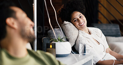 Buy stock photo Woman, healthcare and couple in drip lounge, happy and immune system boost with hydration or saline. People, recovery and IV infusion for wellness, antioxidants and medical treatment with minerals