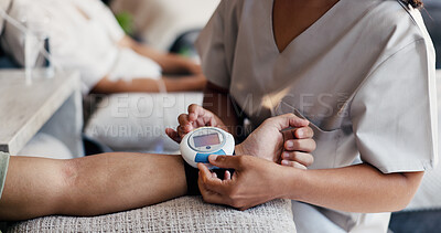 Buy stock photo Nurse, hands or checking with blood pressure monitor for healthcare checkup, exam or assessment. Person, doctor or patient with observation on artery vein for health, hypertension or test in clinic