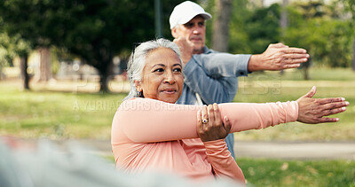 Buy stock photo Stretching, fitness and class with old woman in park for learning, mobility exercise and health club. Muscle warm up, wellness and balance with senior people for low impact workout and instructor