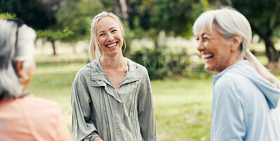 Buy stock photo Personal trainer, fitness or women with laugh in park, retirement health or training joke for support. Funny coach, outdoor exercise or senior people with smile for humor, wellness or workout class