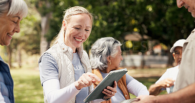 Buy stock photo Smile, women and reading with tablet outdoor for charity, online checklist and community service. People, parcel and digital for donation inventory, humanitarian outreach and ngo agenda of food drive