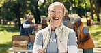 Portrait, volunteer and happy woman in park, food donations and pride for community outreach. Smile, activist and person with confidence, outdoor and charity for welfare support and NGO mission