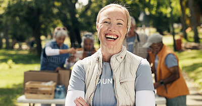 Buy stock photo Portrait, volunteer and happy woman in park, food donations and pride for community outreach. Smile, activist and person with confidence, outdoor and charity for welfare support and NGO mission
