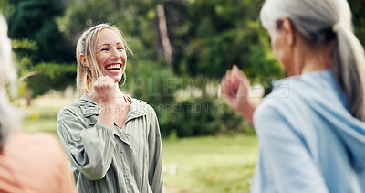 Buy stock photo Instructor, smile and old people in park with fitness, class and nature for support or help. Retirement, hobby and personal trainer with mature group, outdoor or workout for health and wellness