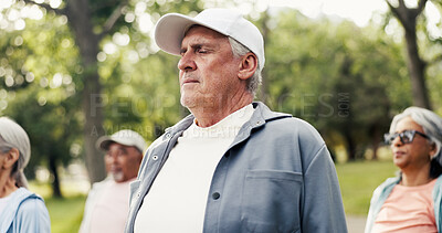 Buy stock photo Fitness, breathe or old man in nature with wellness, fresh air or hobby for physical activity. Routine, bokeh or senior people with mindfulness, daydreaming or afternoon break in park and exercise