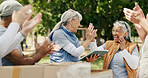 Volunteer, high five and people in park with tablet, teamwork and clap in relief campaign support. Success, mature women outdoor with technology, collaboration and motivation in charity project.