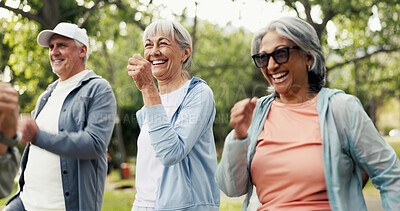 Buy stock photo Fitness, laughing and step class with old woman outdoor for activity, health or wellness routine. Exercise, funny and mobility with group of senior people in park together for commitment to workout