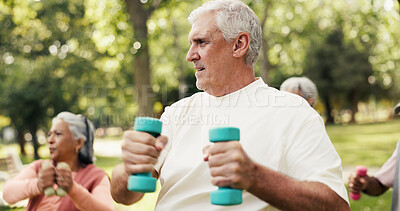 Buy stock photo Man, dumbbells and old people in park with fitness, class and nature for senior exercise club. Retirement, hobby and weightlifting with mature group, outdoor or workout for health and wellness